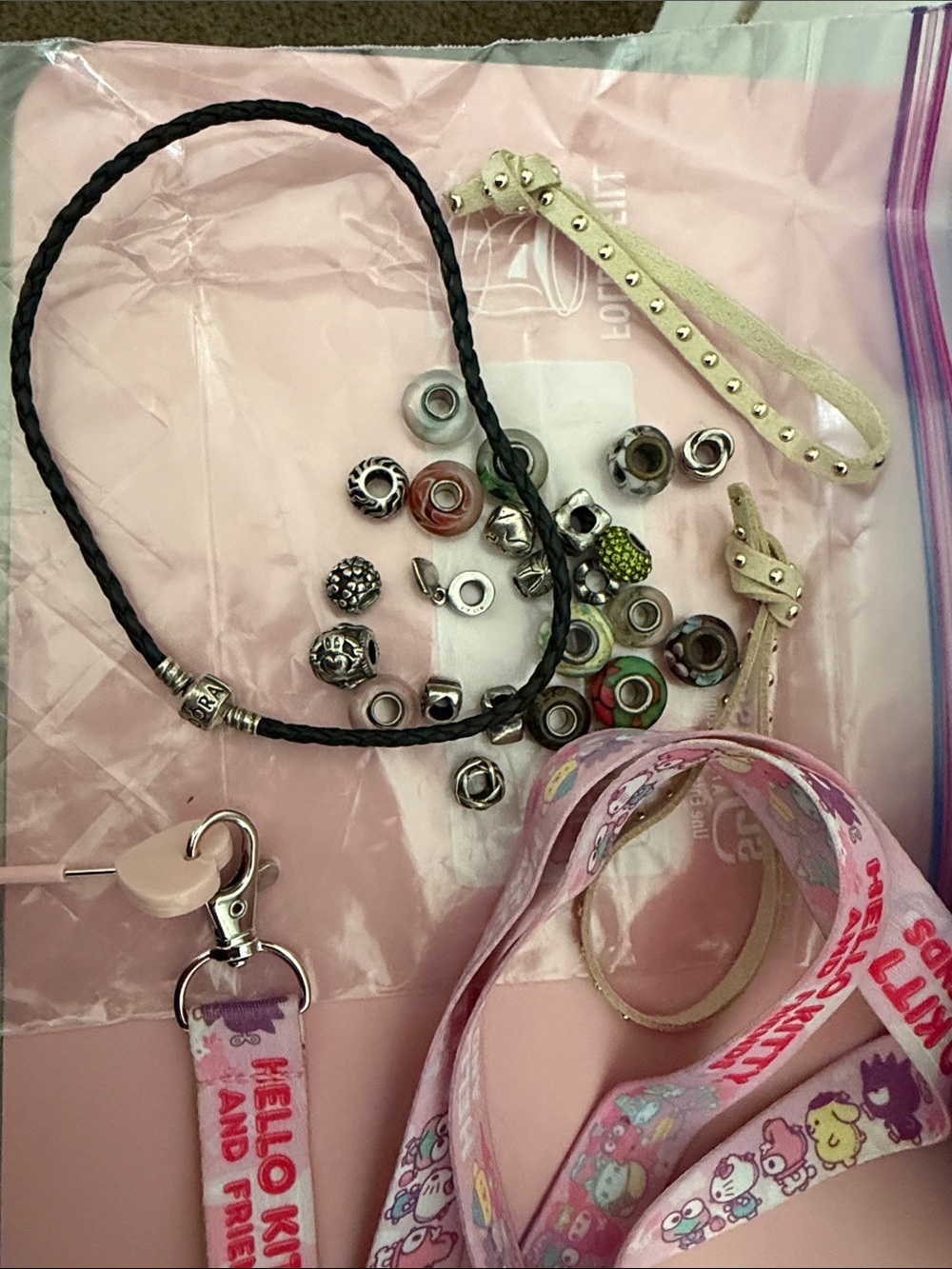 Pandora Black Braided Leather Necklace with Pink and Green Charm Accents